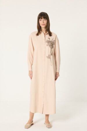 NATURAL TEXTURED EMBROIDERED DRESS