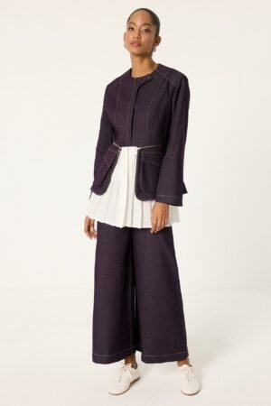 DENIM PLEATED DETAIL JACKET & PANTS SET